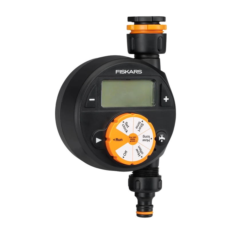 Fiskars timer with 1 output, For all standard tap sizes, Easy-to-read LCD display, Universal size, 380 g, Black/Orange, 1054791