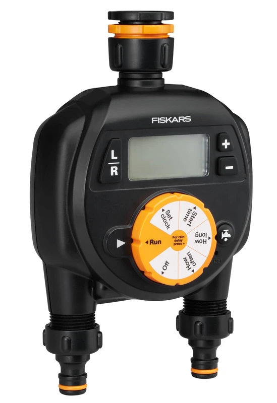 Fiskars timer with 2 outputs, For all standard tap sizes, Easy-to-read LCD display, Universal size, 580 g, Black/Orange, 1054792