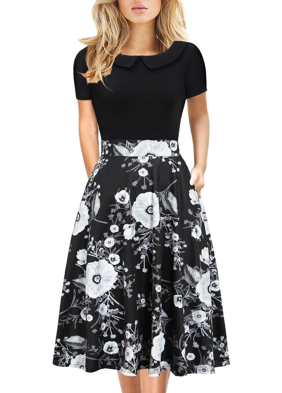 HELYO Women's Elegant Vintage Cotton Casual Floral Print Work Party A-Line Swing Dress with Pockets 162, Black Floral-978, L - Image 1