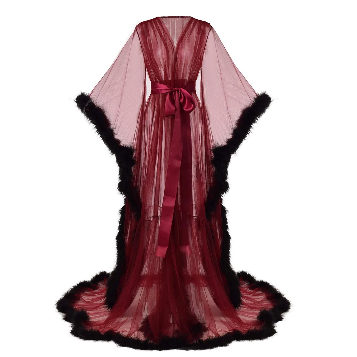 GRACEART Women's Dressing Gown Bathrobe Pregnant Women Photography Props Feather Robe Perspective Chiffon Lingerie Maxi Dress (Red, M)