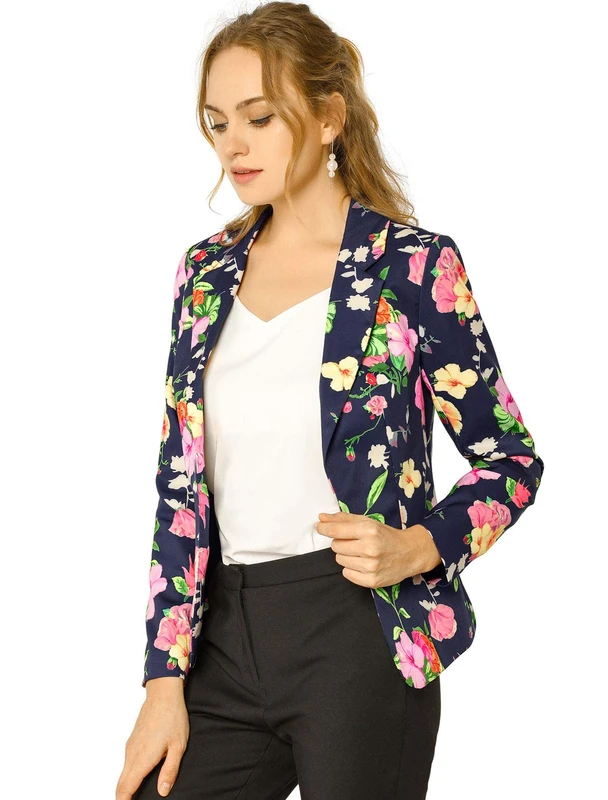Allegra K Women's Christmas Long Sleeve Notch Lapel Open-Front Allover Printed Casual Blazer Jacket, Navy Blue-Floral, XL