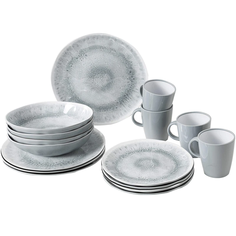 BRUNNER Melamine Dinner Crockery Set, Lunch Box, 16 Pieces, Camping Travel Plate, Mug, Stonetouch Pearl