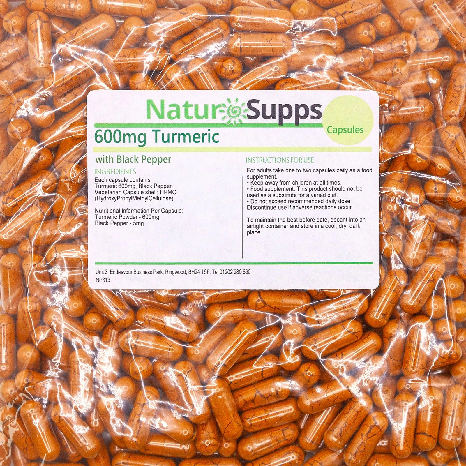 Natur Supps Turmeric and Black Pepper Capsules High Strength 600mg, Vegan and Vegetarian Turmeric Curcumin Supplement, Pack of 365, Superior Absorption to Tablets