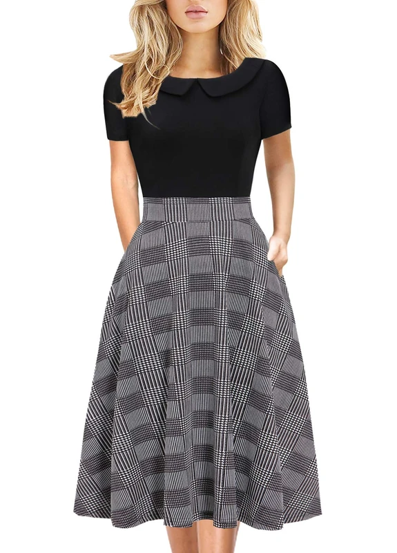 Women's Elegant Vintage Cotton Casual Floral Print Work Party Peter Pan Collar A-Line Dress with Pockets 978, Plaid Black, L