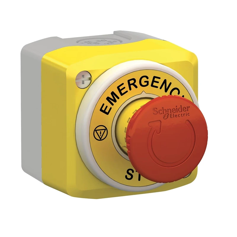 Schneider Electric - Harmony XALK Control station, Plastic, Yellow Lid, 1 E-stop Push Button Ø40, Turn To Release, Illum Ring White/Red Fixed, 1NO 2NC, 24V AC/DC, XALK178W3B140G - Image 1
