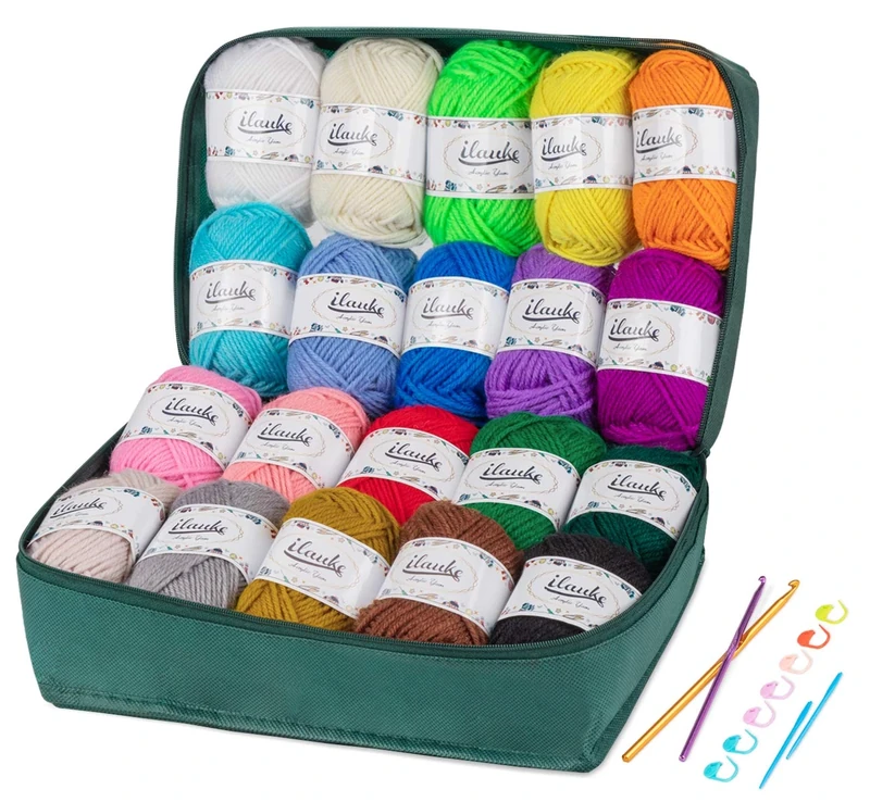 ilauke Acrylic Crochet Yarn Kit, 20 Colours x 30 g Hand Knitting Yarns, Acrylic Wool for Knitting, Crochet and Crafts