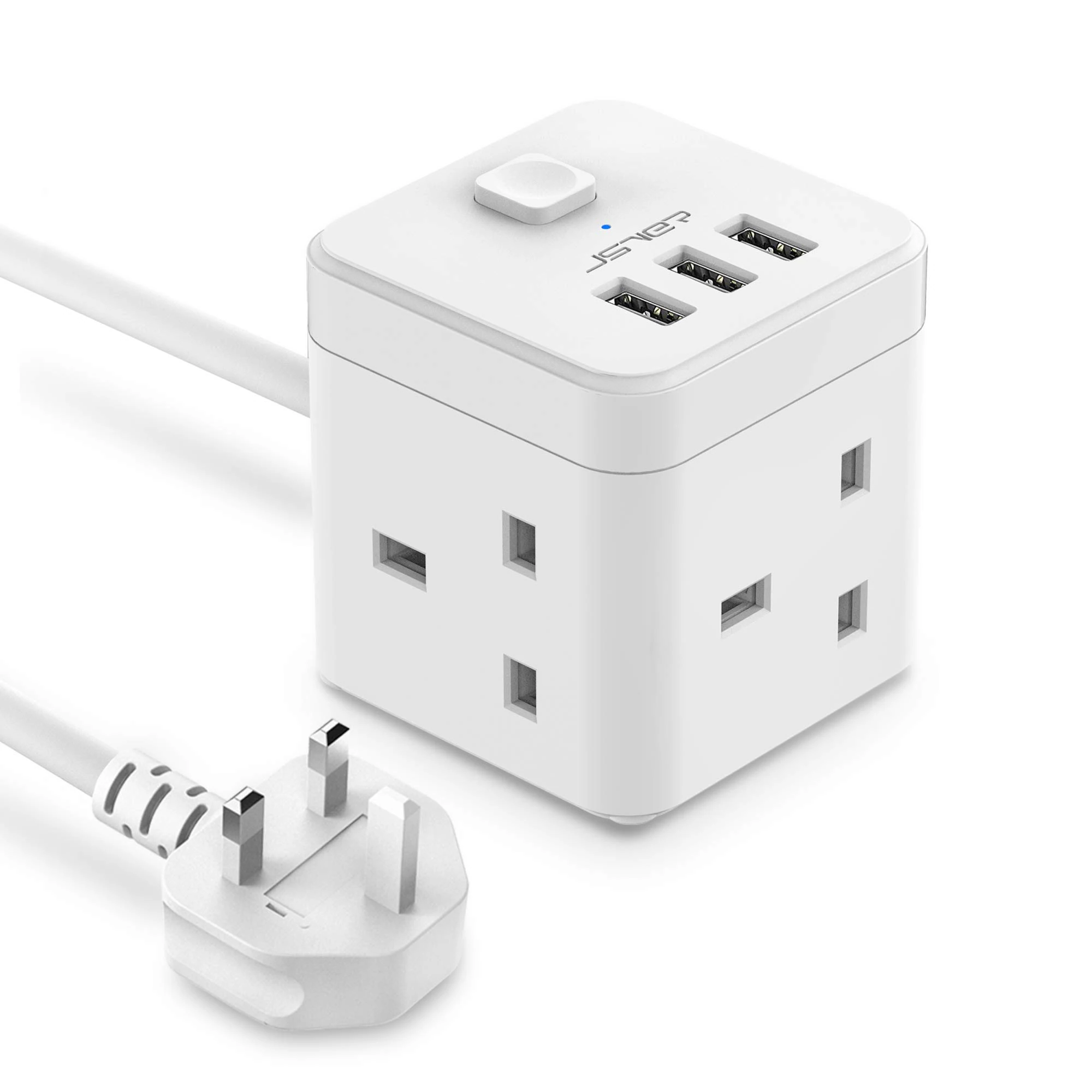 JSVER Cube Extension Lead with 3 Way Power Strip and 3 USB Ports (5V/2.4A) Extension Socket with Switch and USB Charging Slots - 2M Cable for Home, Office, Hotel, Travel - White