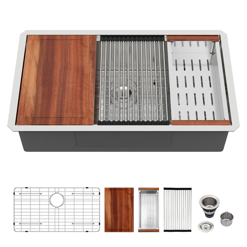 Logmey 32x19 Undermount Kitchen Sink All in One Workstation 16 Gauge SUS304 Stainless Steel Single Bowl 9" Deep Handmade Sink,Ideal for Home Cooking,Cleaning & Daily Kitchen Use,Noise Reduction