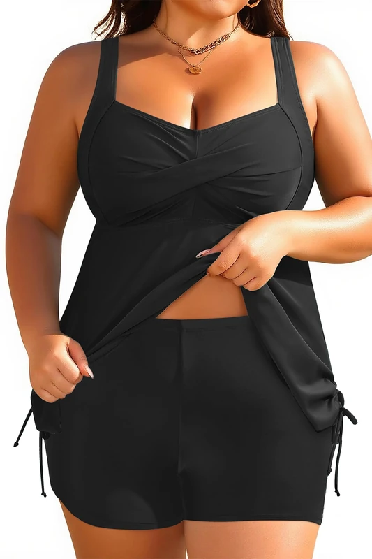Aqua Eve Women Plus Size Tankini Swimsuit Two Piece Flowy Swimdress Bathing Suits with Shorts - Black - 18 Plus