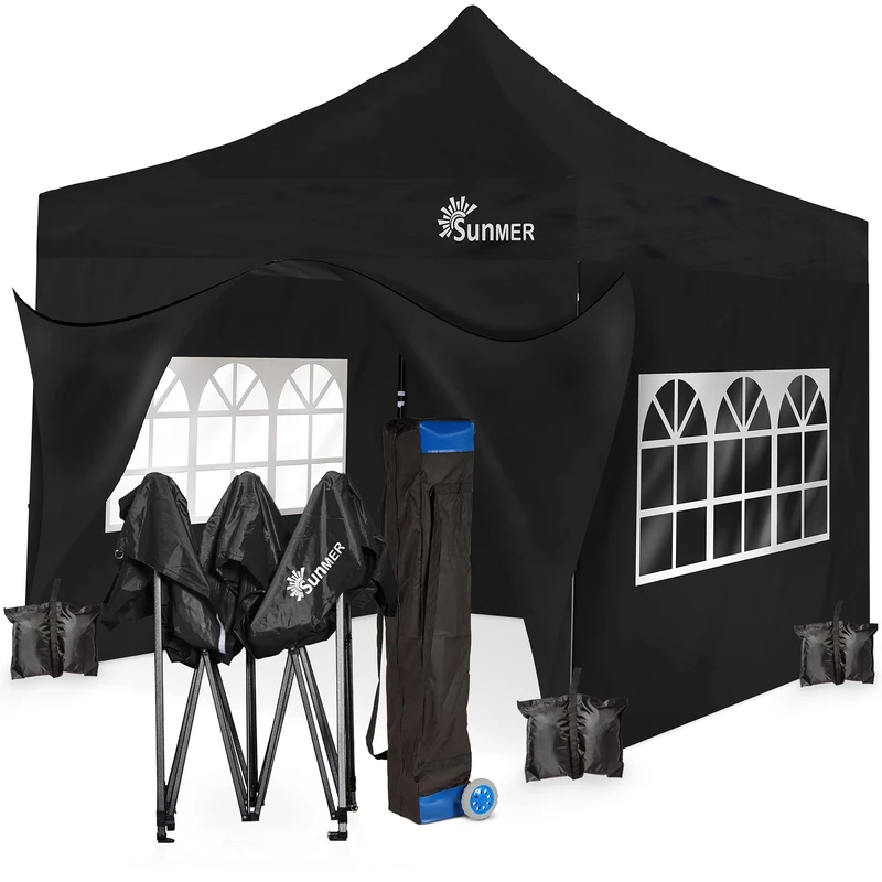 SUNMER 3x3M Pop-Up Gazebo with 4 Sides - Fully Waterproof (420D Oxford PVC) with Heavy Duty Rust-Resistant Steel Frame - Wheeled Carry Bag Included for Easy Transportation - Black