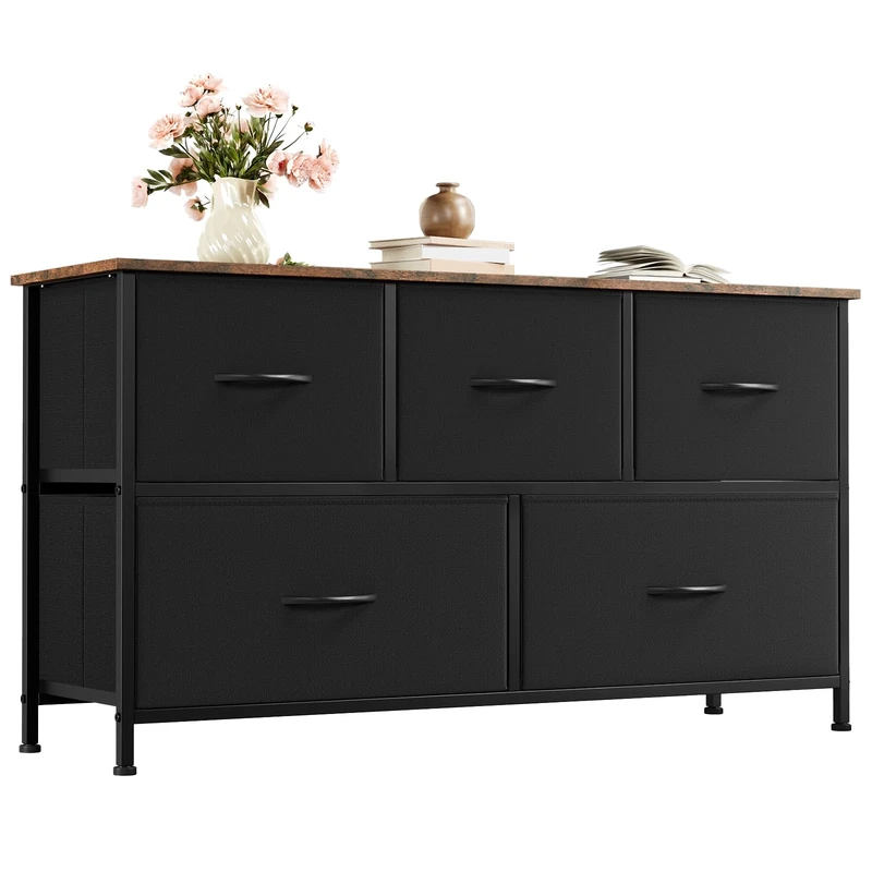 Somdot Chest of Drawers with 5 Drawers, Wide Storage Organiser Fabric Dresser for Living Room TV Stand Bedroom Closet Nursery Bedside Entryway Hallway, Black Rustic Brown