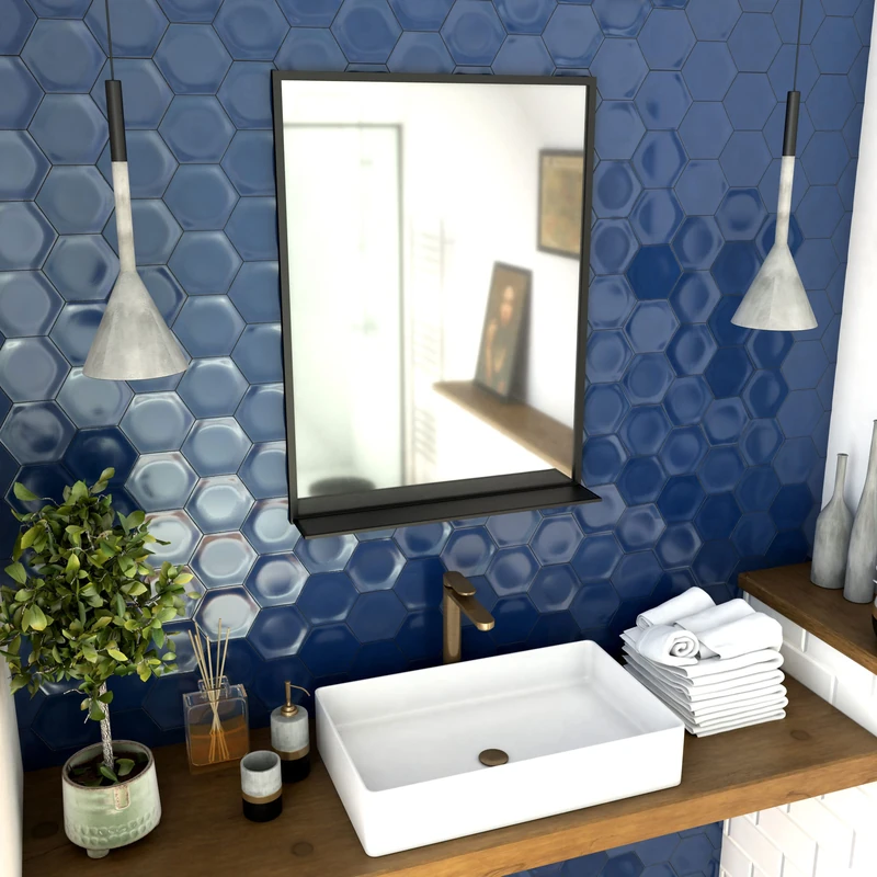 AURLANE Bathroom Mirror 80 x 60 cm Matt Black Lacquered with Shelves Framed Mirror - Image 1