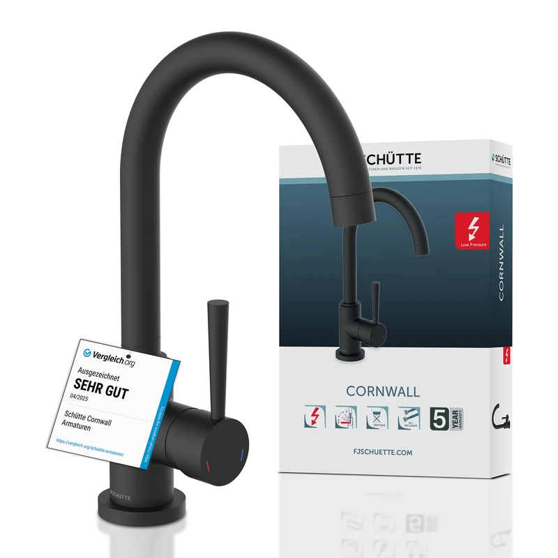 SCHÜTTE 79169 Cornwall Kitchen Tap Low Pressure High Spout Single Lever Mixer Energy Saving 360° Swivel Kitchen Sink Tap Black