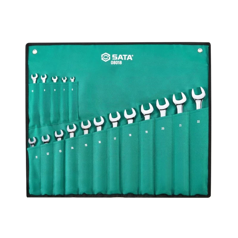 SATA ST08018-02 17-Piece Metric Combination Wrench/Spanner Set, Polished, 6mm - 22mm, with Offset Box Ends, in Durable Tool Roll