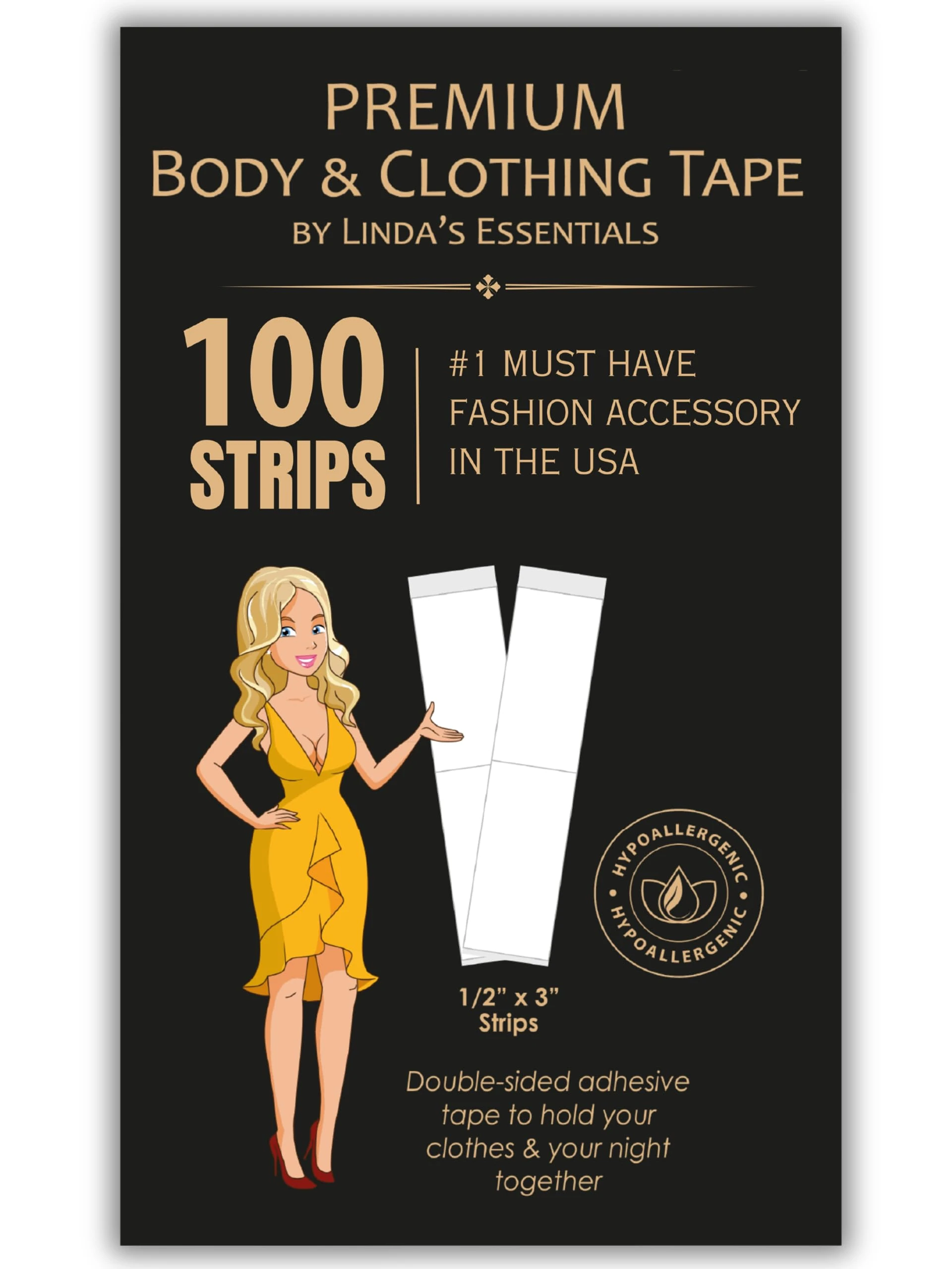 Linda's Essentials Double Sided Body and Fashion Tape (100 Pack) - Extra Adhesive Double Sided Boob Tape for Clothes & Skin, All Fabric Types, Perfect for Dresses, Body & Bra Support