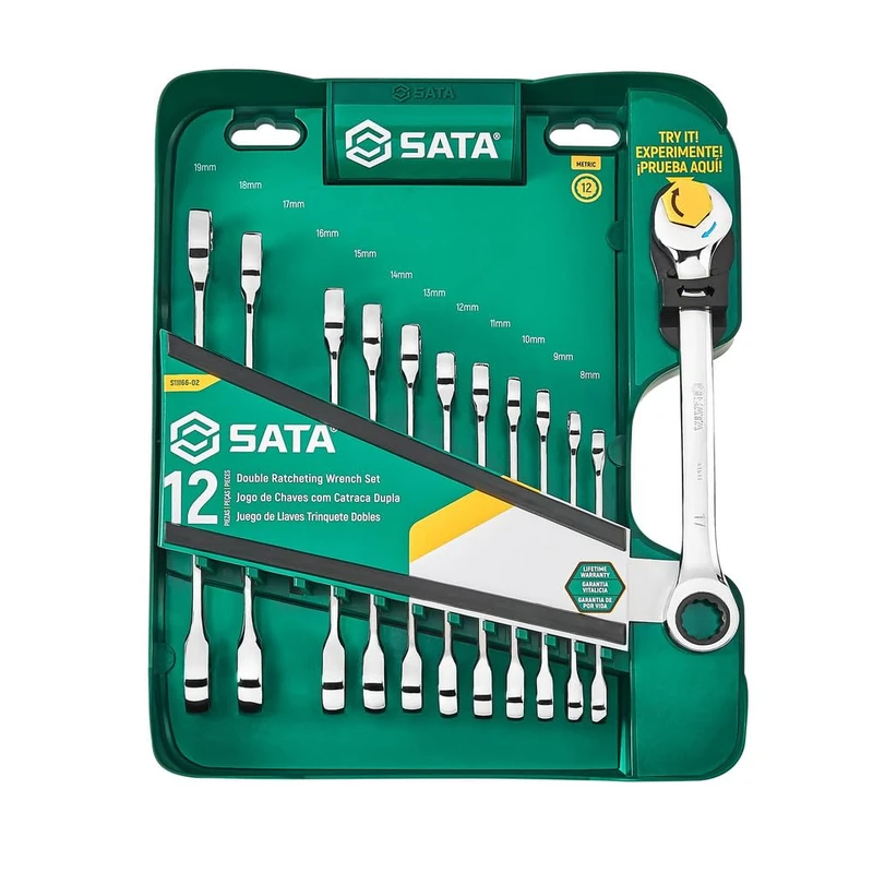 SATA ST09066-02 12-Piece Metric Double Ratcheting Wrench/Spanner Set, Polished, 8mm - 19mm, with Storage Rack