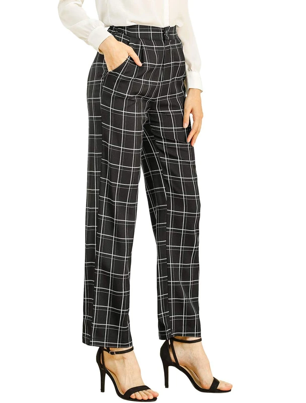 Allegra K Women's Plaid Pants Elastic Waist Casual Work Office Long Trousers, Black, Large