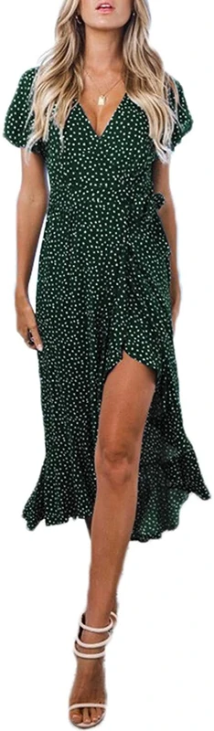 ZESICA Women's Bohemian Floral Printed Wrap V Neck Short Sleeve Split Beach Party Maxi Dress