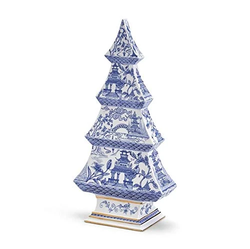 Two's Company Mini Blue & White Chinoiserie Christmas Tree Decor Ceramic Figurine, 12" Tabletop Indoor Decoration