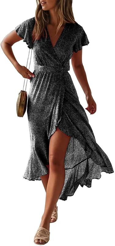 ZESICA Women's Bohemian Floral Printed Wrap V Neck Short Sleeve Split Beach Party Maxi Dress