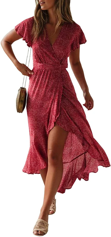 Women's Bohemian Floral Printed Wrap V Neck Short Sleeve Split Beach Party Maxi Dress