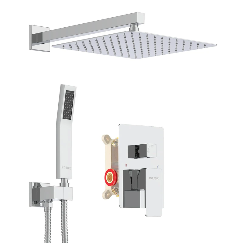 KOJOX Shower System with High Pressure 12 Inch Rainfall Shower Head, Handheld Shower Head and Shower Faucet Trim, Rain Mixer Shower Set Wall Mounted Chrome（Valve Include）