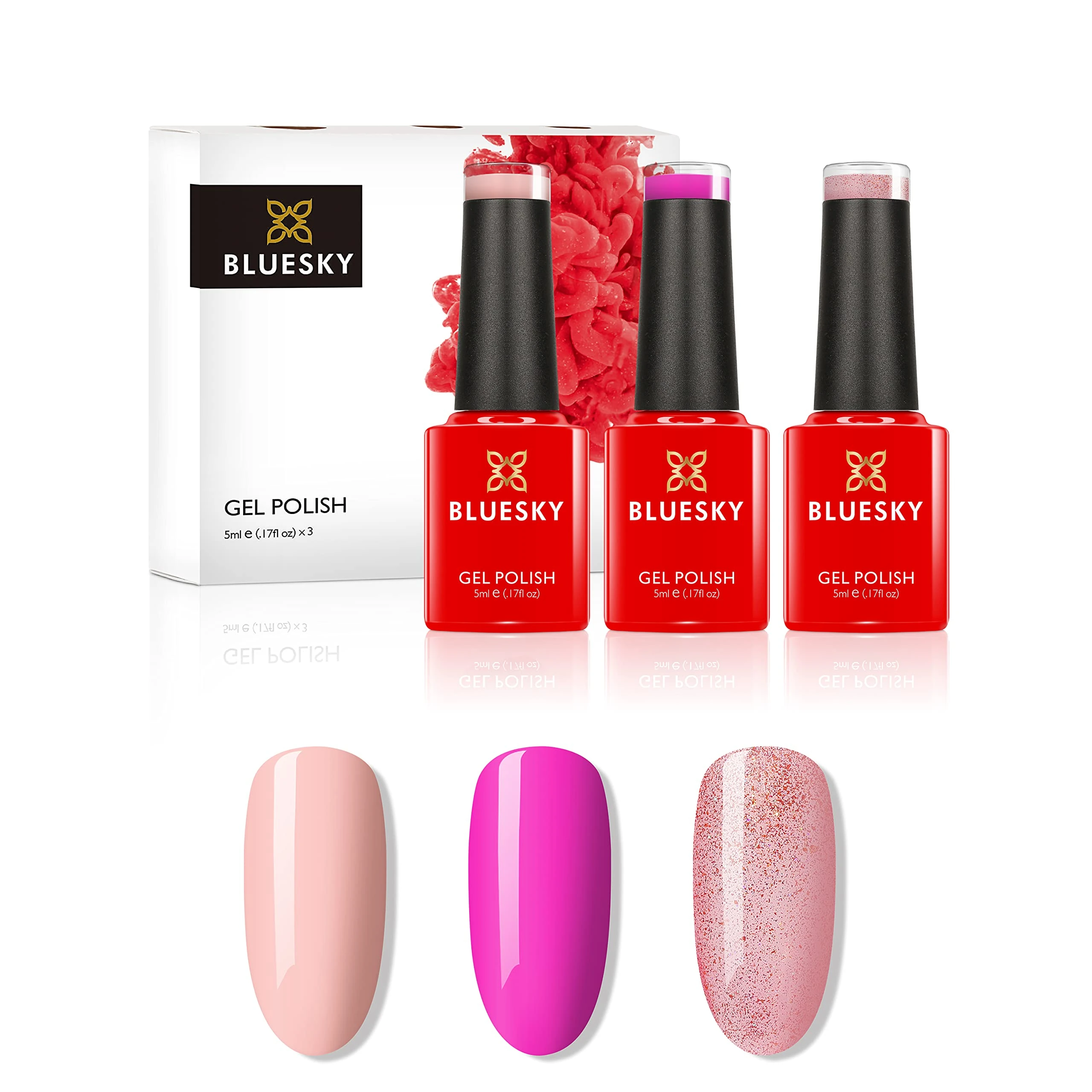 Bluesky Gel Nail Polish Set, Summer Party, Pink Martini SS2014, Beach Party SS2024, Lolita SS2018. 3 x 5 ml Pink, Coral, Pastel (Requires Curing Under UV LED lamp)