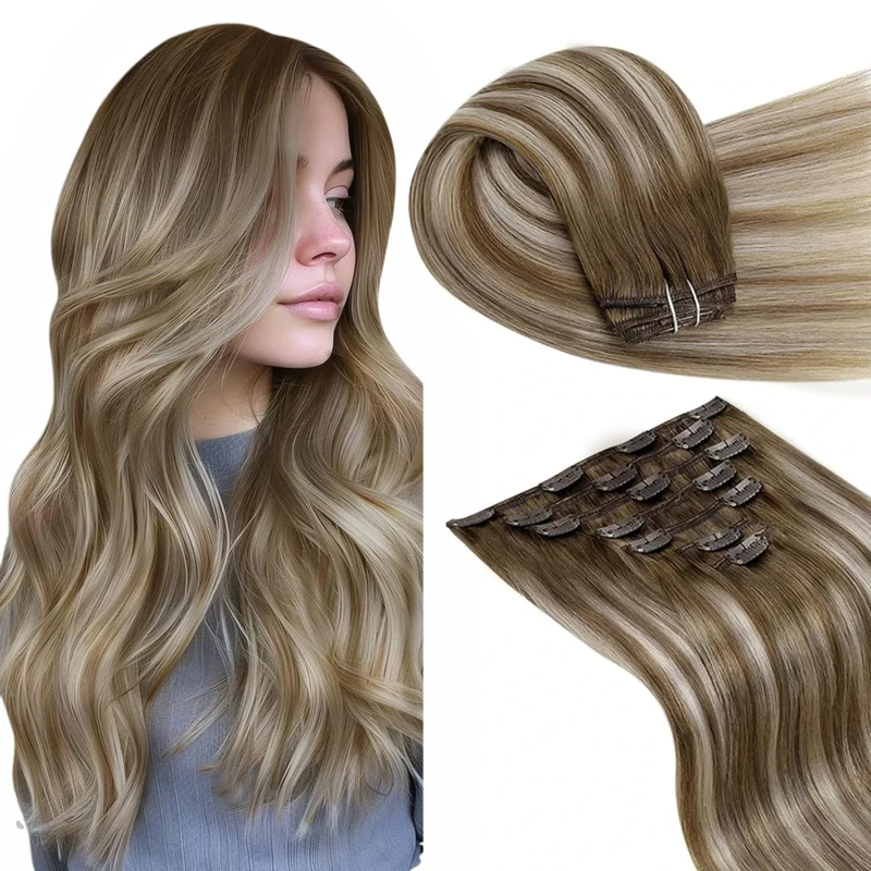 LaaVoo Clip in Hair Extensions Real Human Hair Light Barown Hair Extensions Clip in 14 Inch 120g 7pcs Full Head Straight Balayage Brown to Light Blonde Remy Hair Double Weft #8/60/8