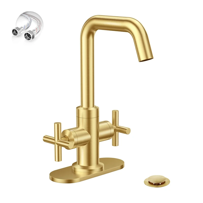 Brushed Gold 2-Handle 4 Inch Centerset Bathroom Faucet with Drain,Deck Plate and Supply Hoses by Phiestina Fit for 1-3 Hole, SGF002-10-BG