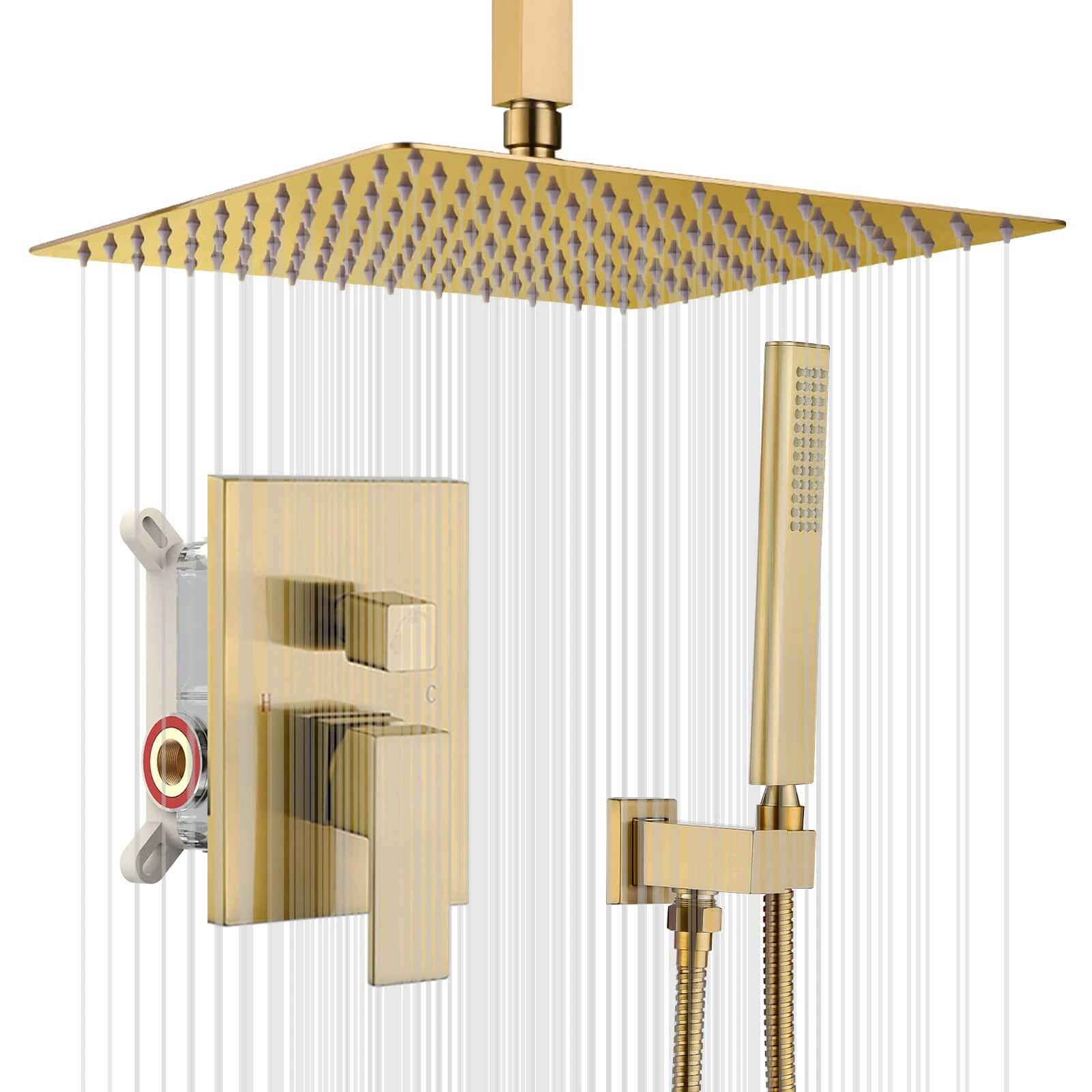 IRIBER Champagne Bronze Ceiling Mount Rain Shower System with 12 Inch Shower Head and Handheld Bathroom Brushed Golden Shower Set Contain Shower Faucet Mixer Brush Gold Trim Kit (Valve Included)