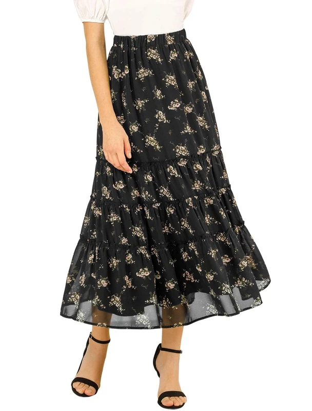 Allegra K Women's Floral Skirts Chiffon A-line Long Tiered Ruffle Boho Midi Skirt XS-3XL, Black, M - Image 1