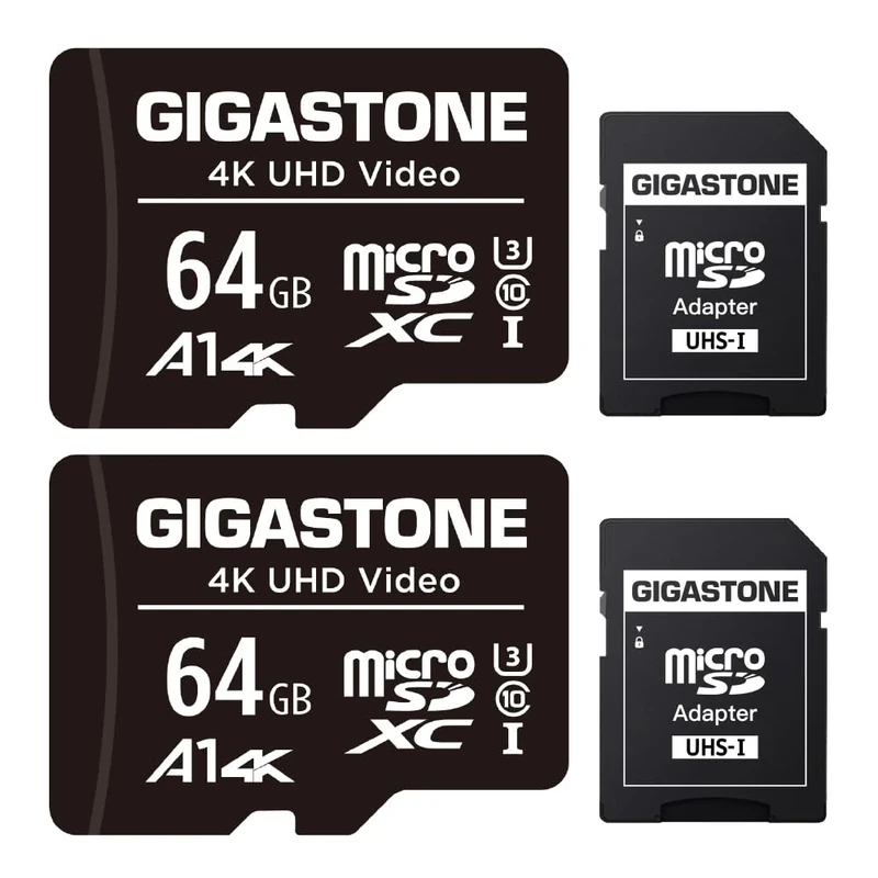 Gigastone 64GB Memory Card 2 Pack Compatible with Gopro Drone Camera Samsung Sony Tablet, High Speed for 4K UHD Video, A1 U3 C10 Micro SDXC Card with Mini Case and SD Adapter.