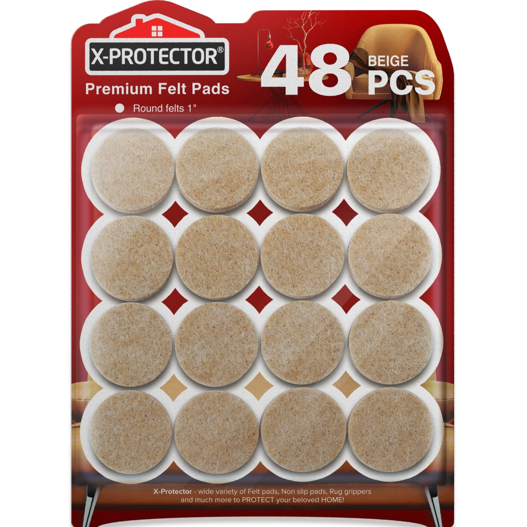 Chair Pads Floor Protectors X-PROTECTOR 48 PCS - Felt Furniture Pads - Premium Chair Feet Protectors - Huge Quantity Floor Protector Pads - Protect Wood Floors with Chair Leg Floor Protector!