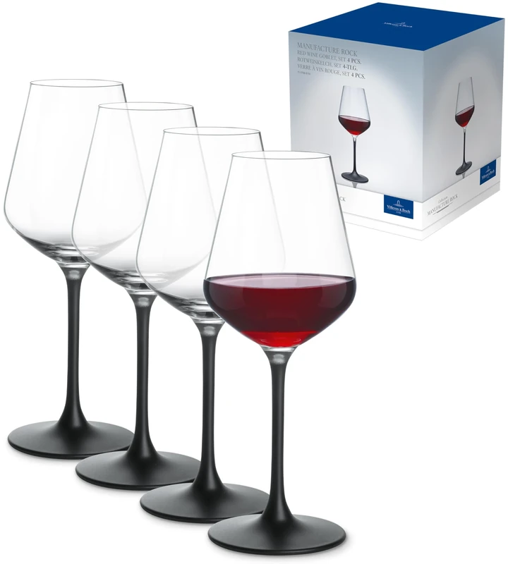Villeroy & Boch - Manufacture Rock Red Wine Glass Set 4 Pieces 380 ml Black, Dishwasher Safe, Large Wine Glasses Black, Red Wine Gobelet Black, Crystal Glass