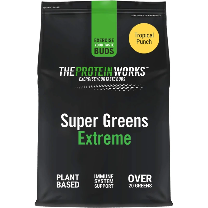 Protein Works - Super Greens Extreme, 150+ Health Benefits, 41 Active Ingredients, Vegan, No Added Sugar, 41 Servings, Tropical Punch, 500g
