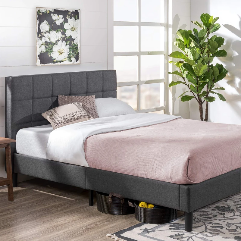 Zinus EU-FSPB-I Upholstered Square Stitched Platform Bed, Metal/Wood/Fabric, Single