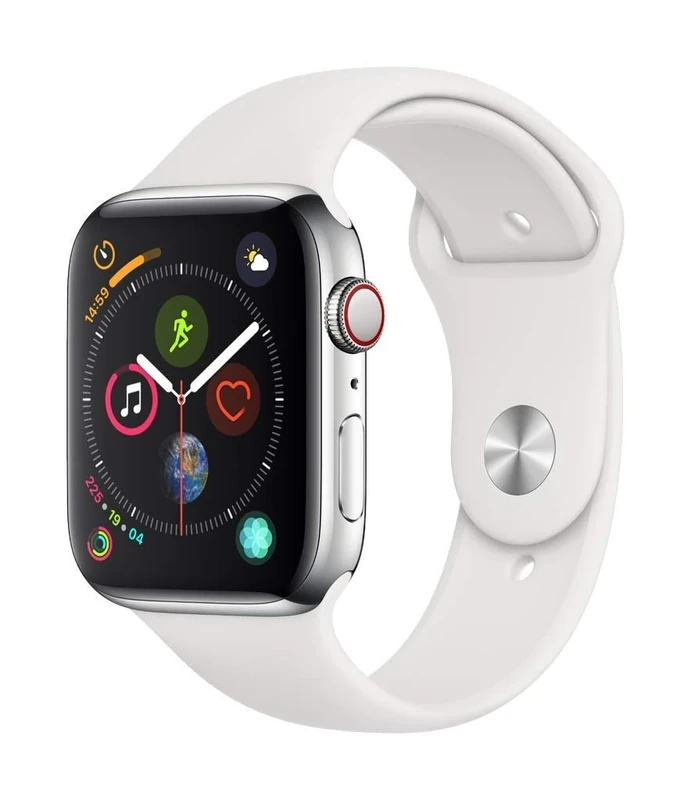 Apple Watch Series 4 44mm (GPS + Cellular) - Silver Stainless Steel Case with White Sport Band (Renewed)