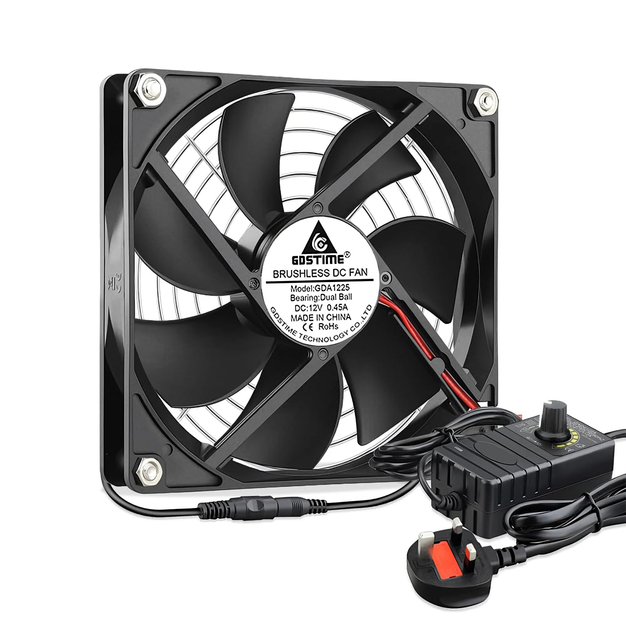 GDSTIME 120mm Computer Fan with 220V 240V AC Plug 120 x 25mm PC Cooling Fan with 4-12v Speed Controller Ball Bearing Cooler for Chassis Sever Cabinet PSU Ventilation