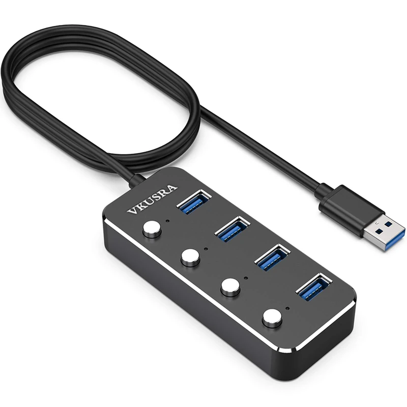 VKUSRA 4-Port USB 3.0 Hub with 1.2m Cable & Individual Switches