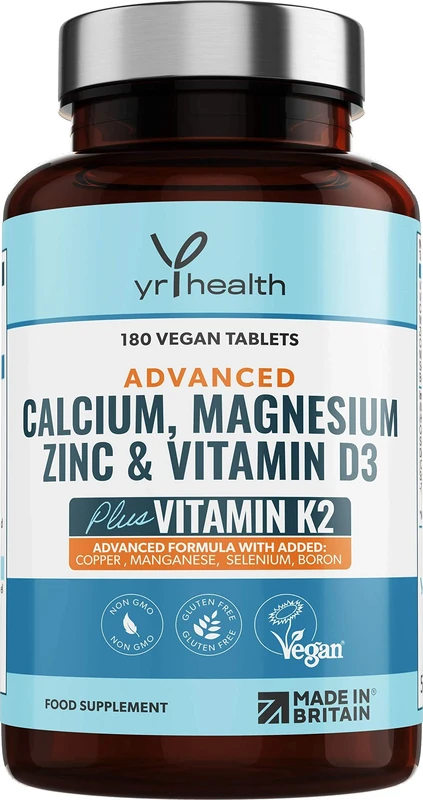 Calcium, Magnesium, Zinc and Vitamin D Plus Vitamin K2 MK-7 Tablets - Osteo Supplement - 180 Vegan Tablets not Capsules - Made in The UK by YrHealth