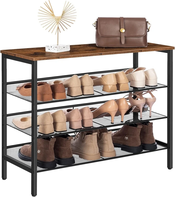 HOOBRO 4-Tier Shoe Rack, Shoe Storage Organizer with 3 Adjustable Mesh Shelves, Metal Frame, Industrial Shoe Rack for Entryway, Bedroom, Hallway, Rustic Brown and Black EUBF14XJ01