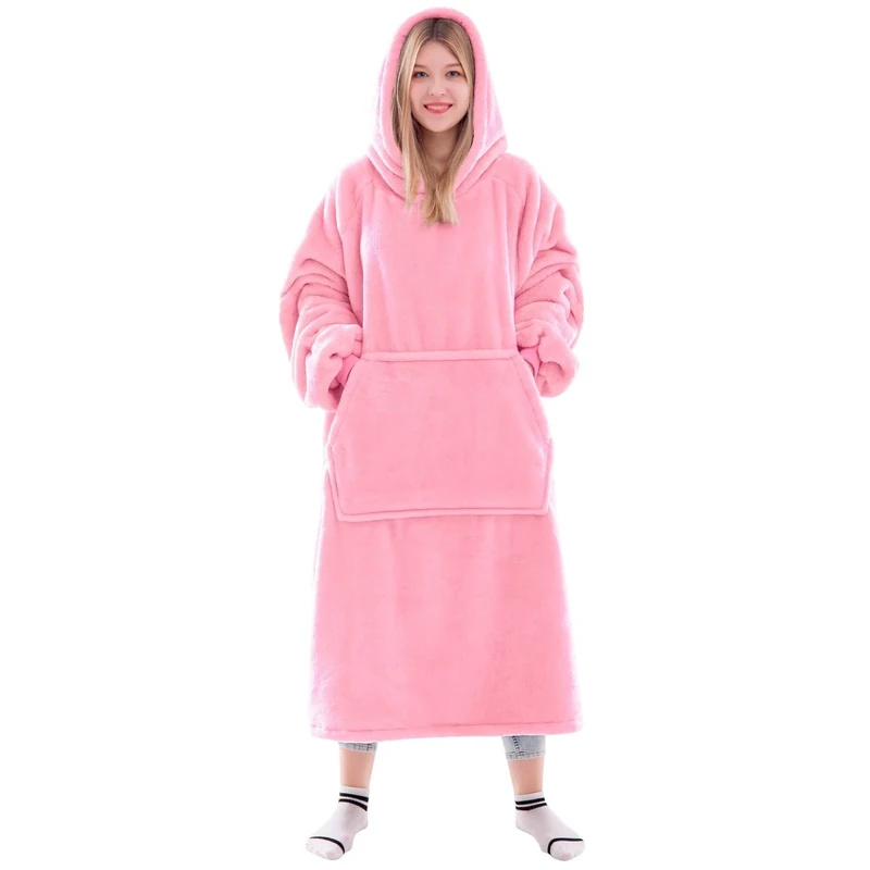 Waitu Wearable Blanket Sweatshirt Gifts for Women and Men, Super Warm and Cozy Big Blanket Hoodie, Thick Flannel Blanket with Sleeves and Giant Pocket - Bright Pink