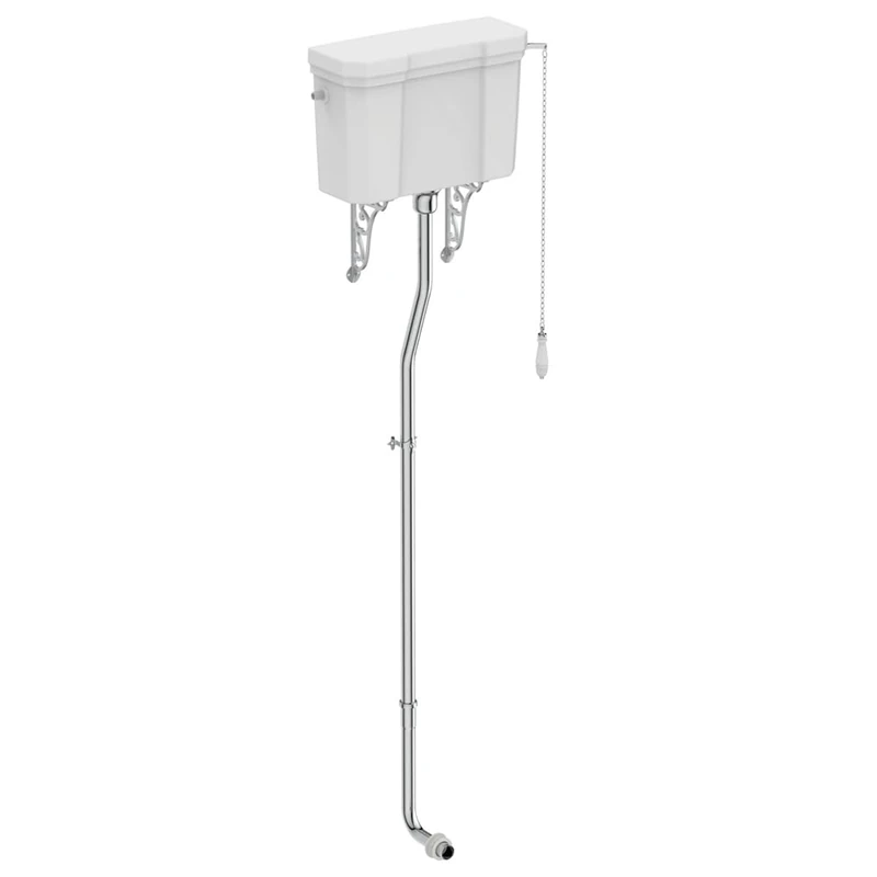 Ideal Standard Waverley high Level Cistern Pack with 6 or 4 Litre Single Flush, Chrome Flush Pipe, Pull Chain and Ornate Brackets, U470701, White