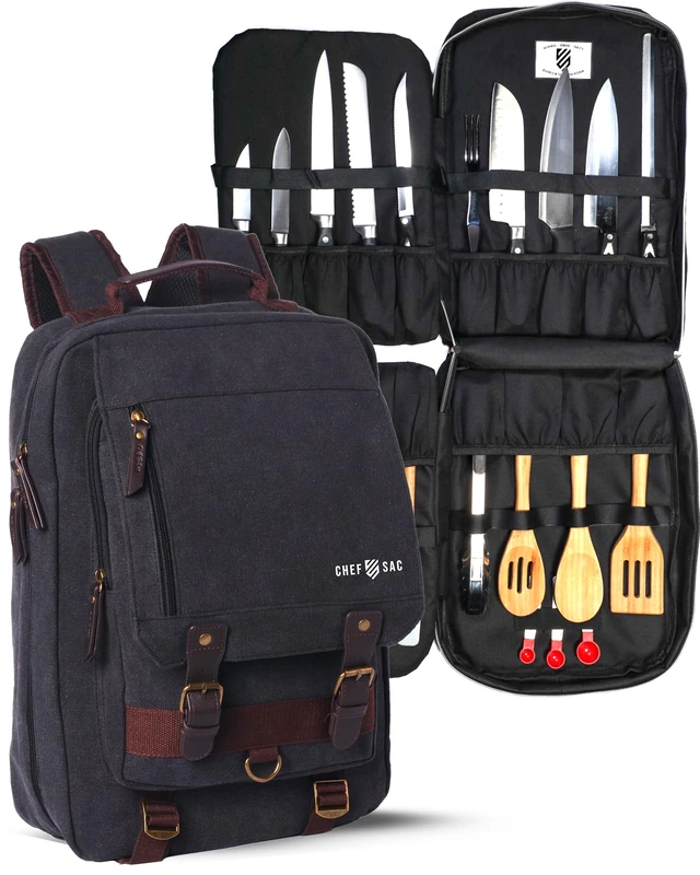 Chef Knife Bag Retro Backpack | 20+ Slots for Knives and Chef Tools | Knife Carrying Case with Hidden Back Pocket for Tablet | Sturdy Knife Bags for Chefs & Culinary Students | Premium Canvas (Black)