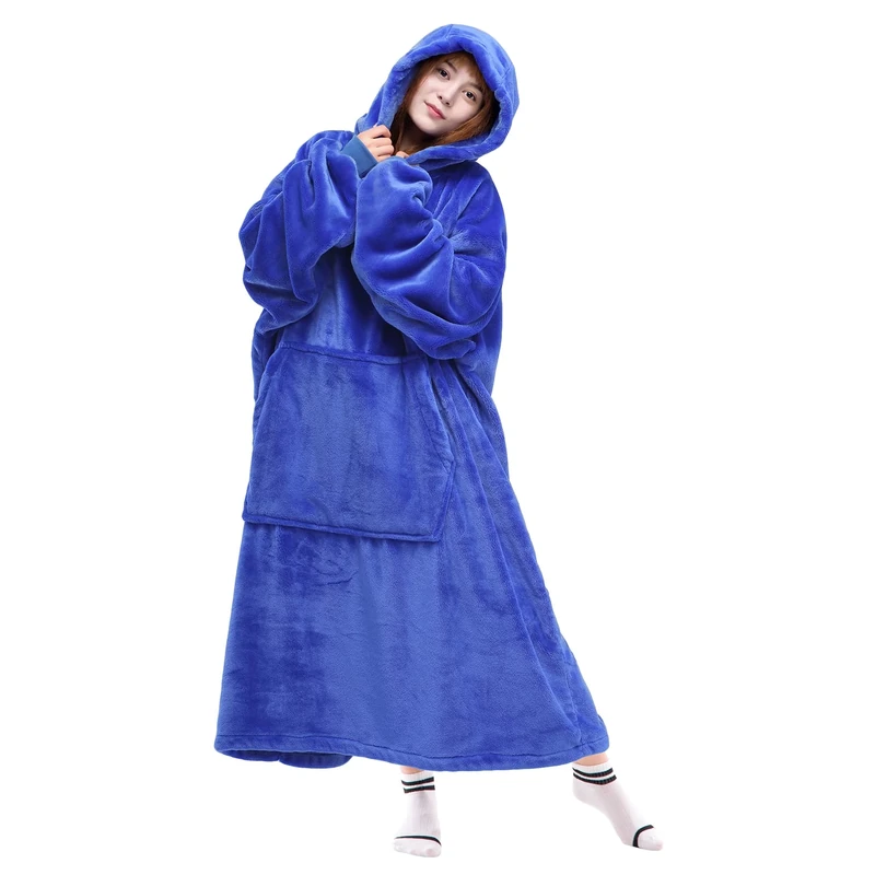Waitu Wearable Blanket Sweatshirt Gifts for Women and Men, Super Warm and Cozy Giant Blanket Hoodie, Thick Flannel Blanket with Sleeves and Giant Pocket - Blue