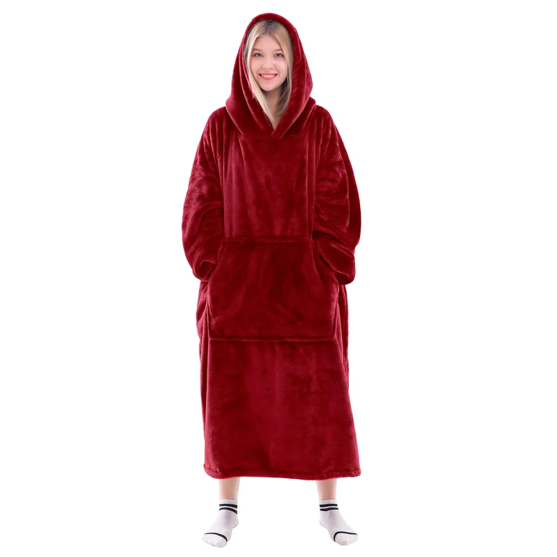 Waitu Wearable Blanket Sweatshirt for Women and Men, Super Warm and Cozy Big Blanket Hoodie, Thick Flannel Blanket with Sleeves and Giant Pocket - Red