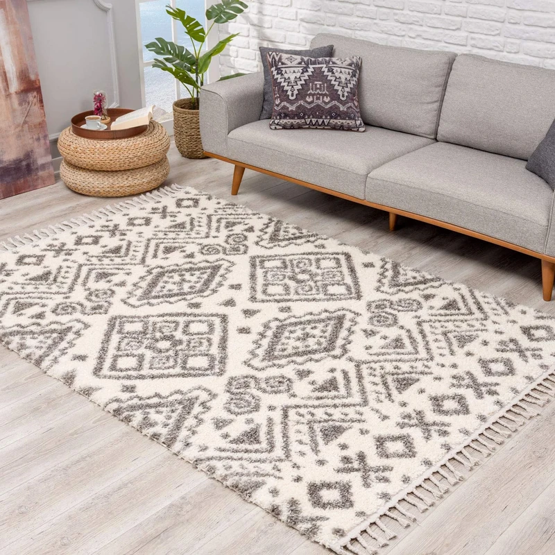 carpet city Deep-Pile Shaggy Rug in Cream/Grey Super Soft Ethnic Style for Living Room Size 80 x 400 cm 80 x 400 cm