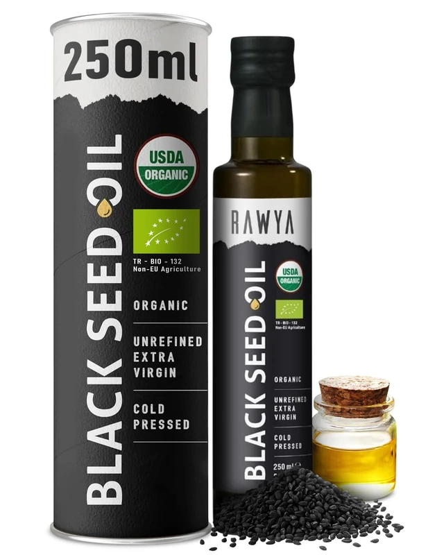 RAWYA Organic Cold-Pressed Black Seed Oil 250ml, Turkish Black Cumin (Kalonji, Nigella Sativa), Unrefined, Rich in Omega-3-6-9, Strong Taste, for Hair, Skin, Face and Overall Wellness, Pack of 1