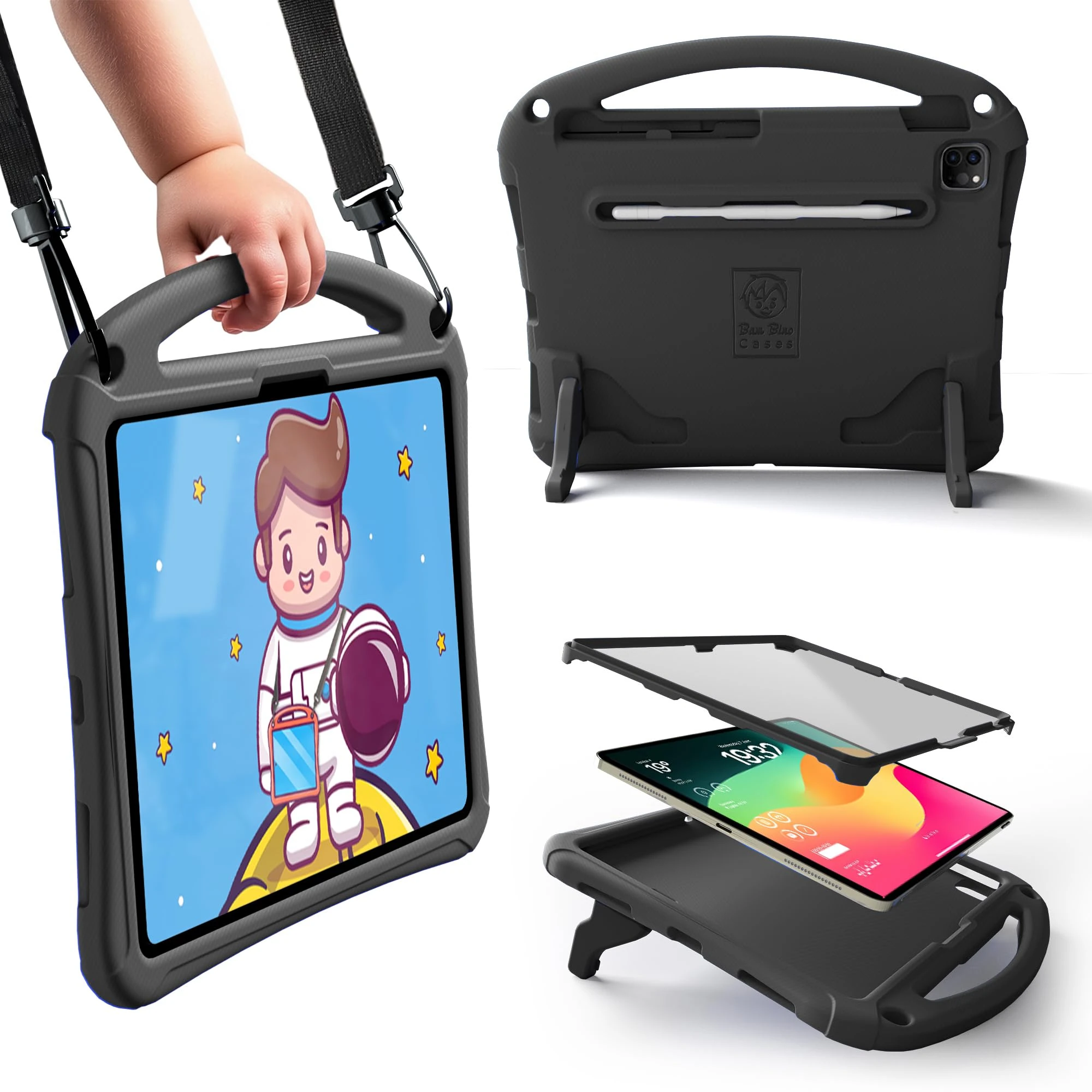 Bam Bino Space Suit [Rugged Kids Case] for iPad Pro 12.9 2020 2018 4th 3rd Generation | Designed in Australia| Screen Guard, Pencil Holder, Strap (Cosmic Black)