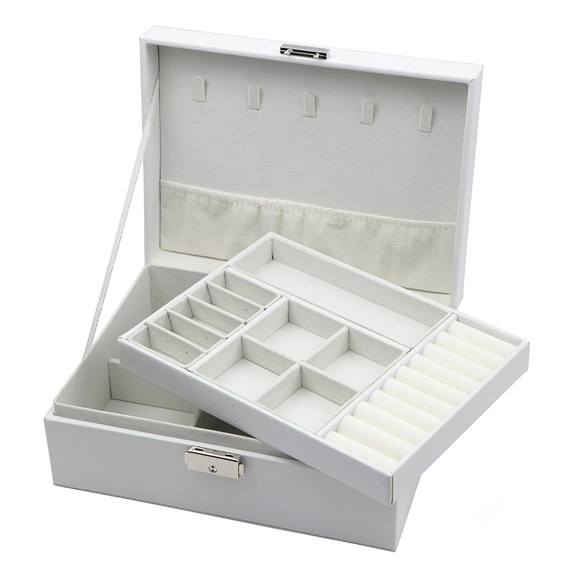 Homeanda Jewellery Box with Lock, 2-Layer Leather Jewellery Organizer boxes for Women Girls Teens, Large Jewellery Storage Box for Necklaces, Bracelets, Rings, Earrings -White